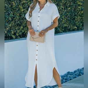 Linen Button Down Slit Shirt Dress White